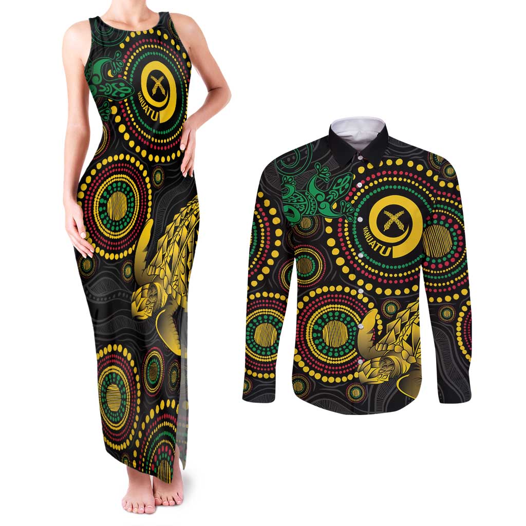 Vanuatu Personalized Aboriginal Arts Couples Matching Tank Maxi Dress and Long Sleeve Button Shirt Turtle and Iguana Special LT7 Colorful - Polynesian Pride