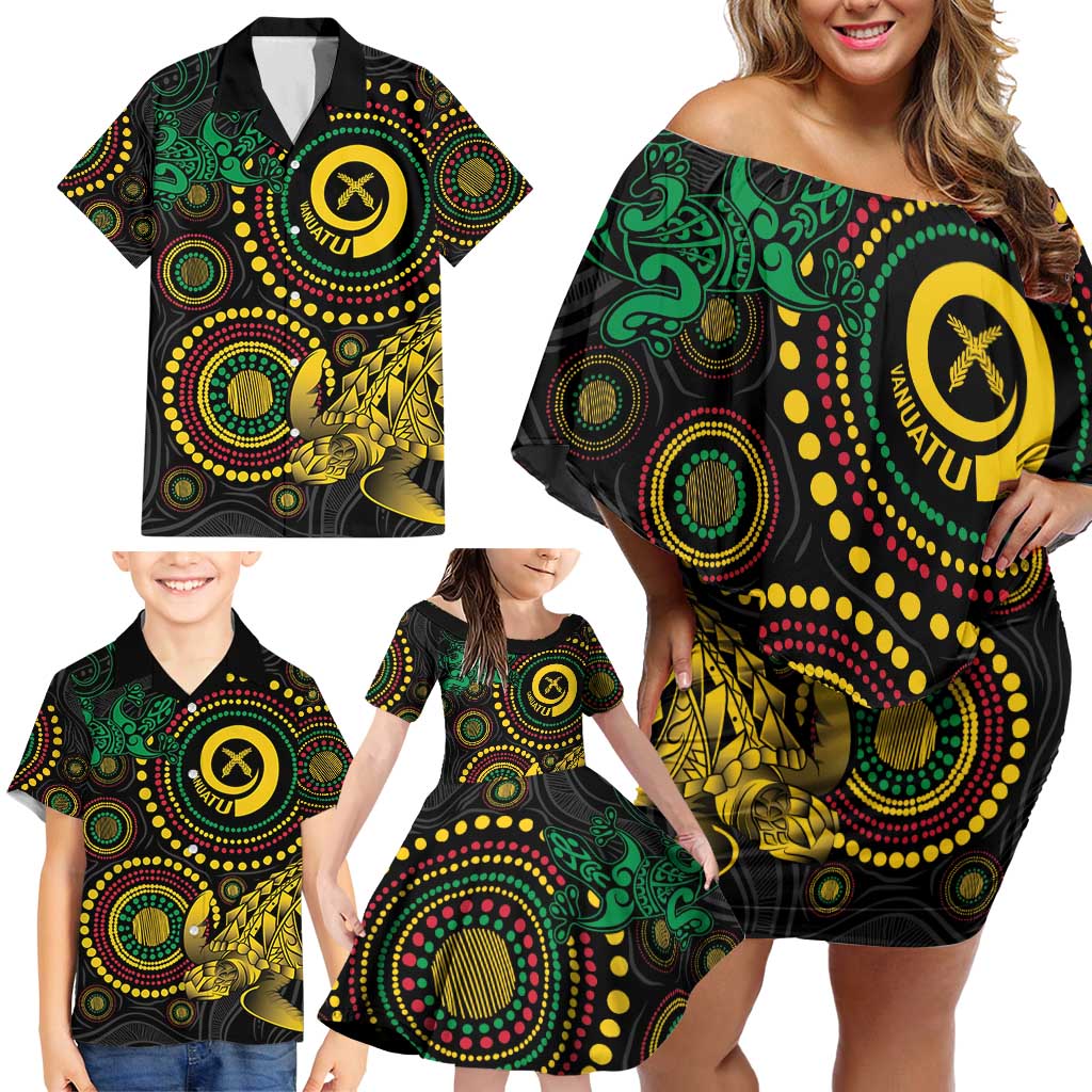 Vanuatu Personalized Aboriginal Arts Family Matching Off Shoulder Short Dress and Hawaiian Shirt Turtle and Iguana Special LT7 - Polynesian Pride