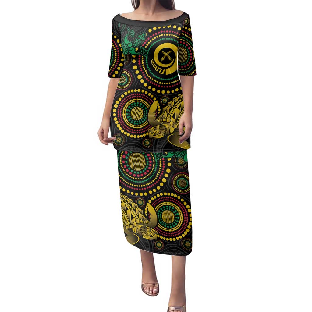 Vanuatu Personalized Aboriginal Arts Family Matching Puletasi and Hawaiian Shirt Turtle and Iguana Special LT7 Mom's Dress Colorful - Polynesian Pride