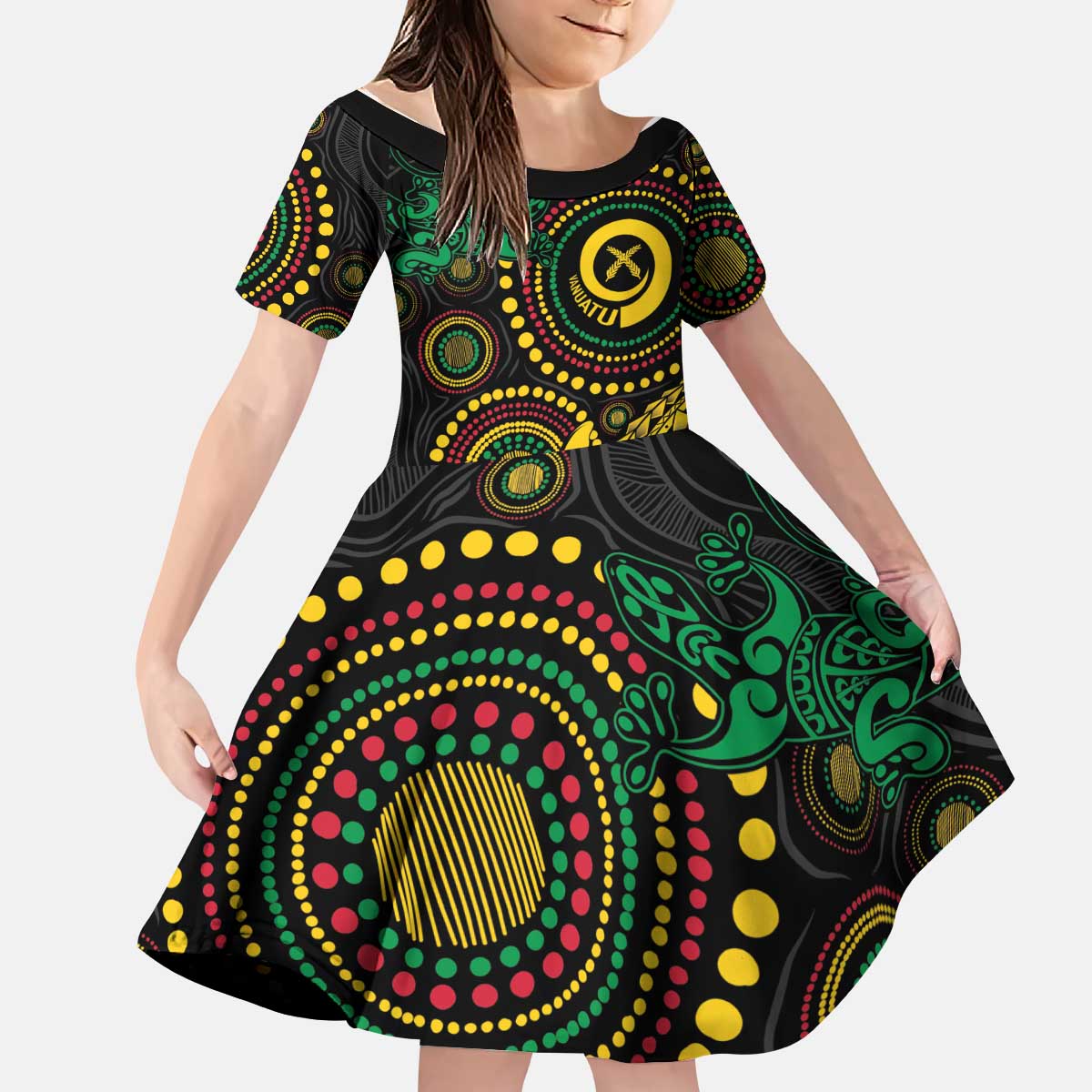 Vanuatu Personalized Aboriginal Arts Kid Short Sleeve Dress Turtle and Iguana Special - Polynesian Pride