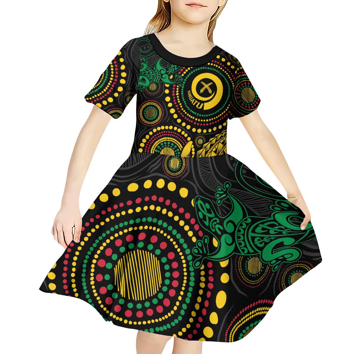 Vanuatu Personalized Aboriginal Arts Kid Short Sleeve Dress Turtle and Iguana Special - Polynesian Pride