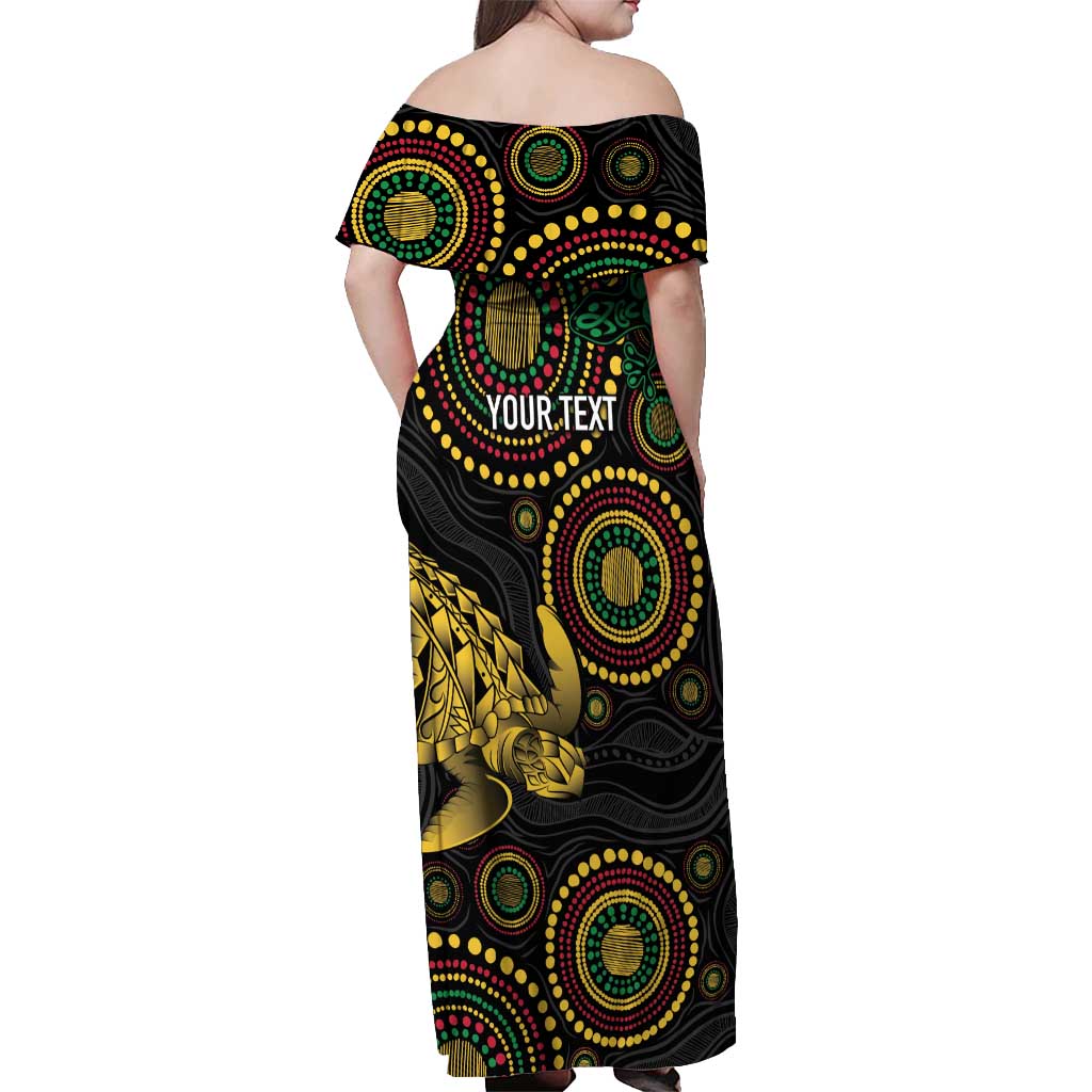 Vanuatu Personalized Aboriginal Arts Off Shoulder Maxi Dress Turtle and Iguana Special - Polynesian Pride