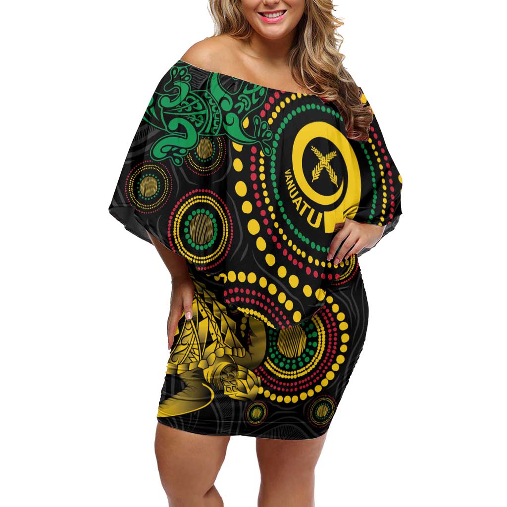Vanuatu Personalized Aboriginal Arts Off Shoulder Short Dress Turtle and Iguana Special - Polynesian Pride