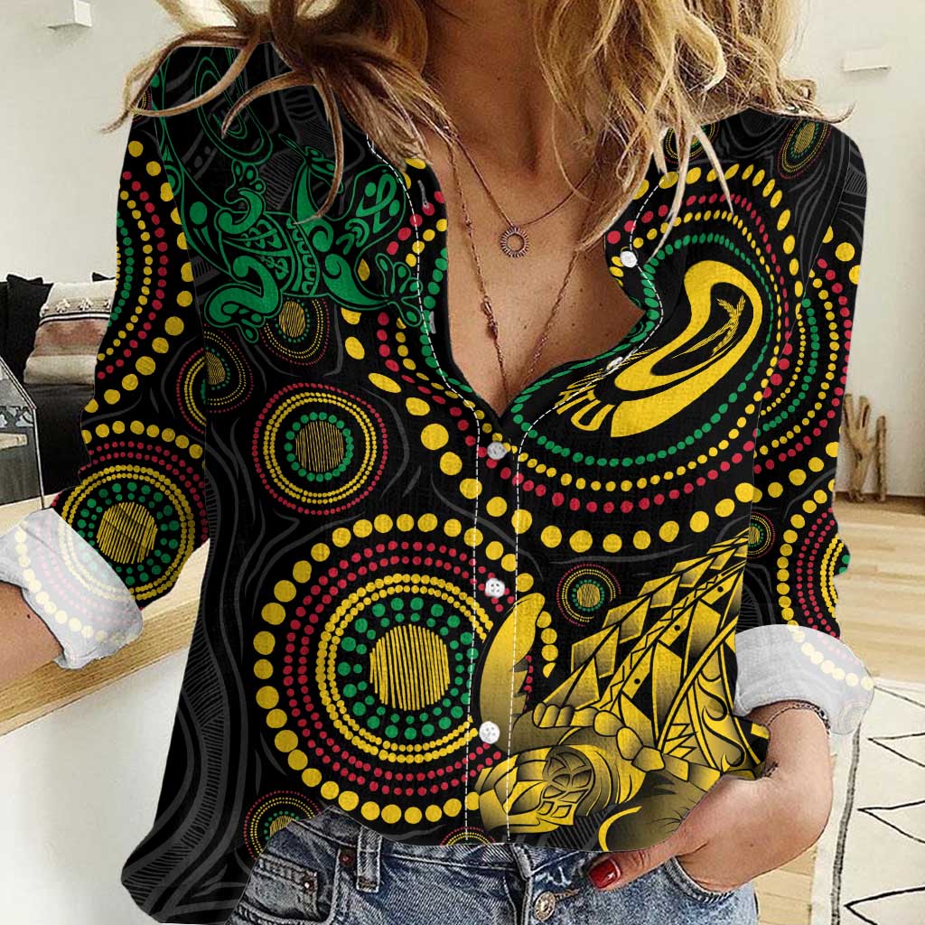 Vanuatu Personalized Aboriginal Arts Women Casual Shirt Turtle and Iguana Special - Polynesian Pride