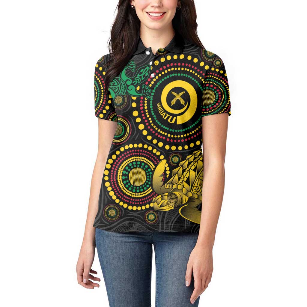 Vanuatu Personalized Aboriginal Arts Women Polo Shirt Turtle and Iguana Special - Polynesian Pride