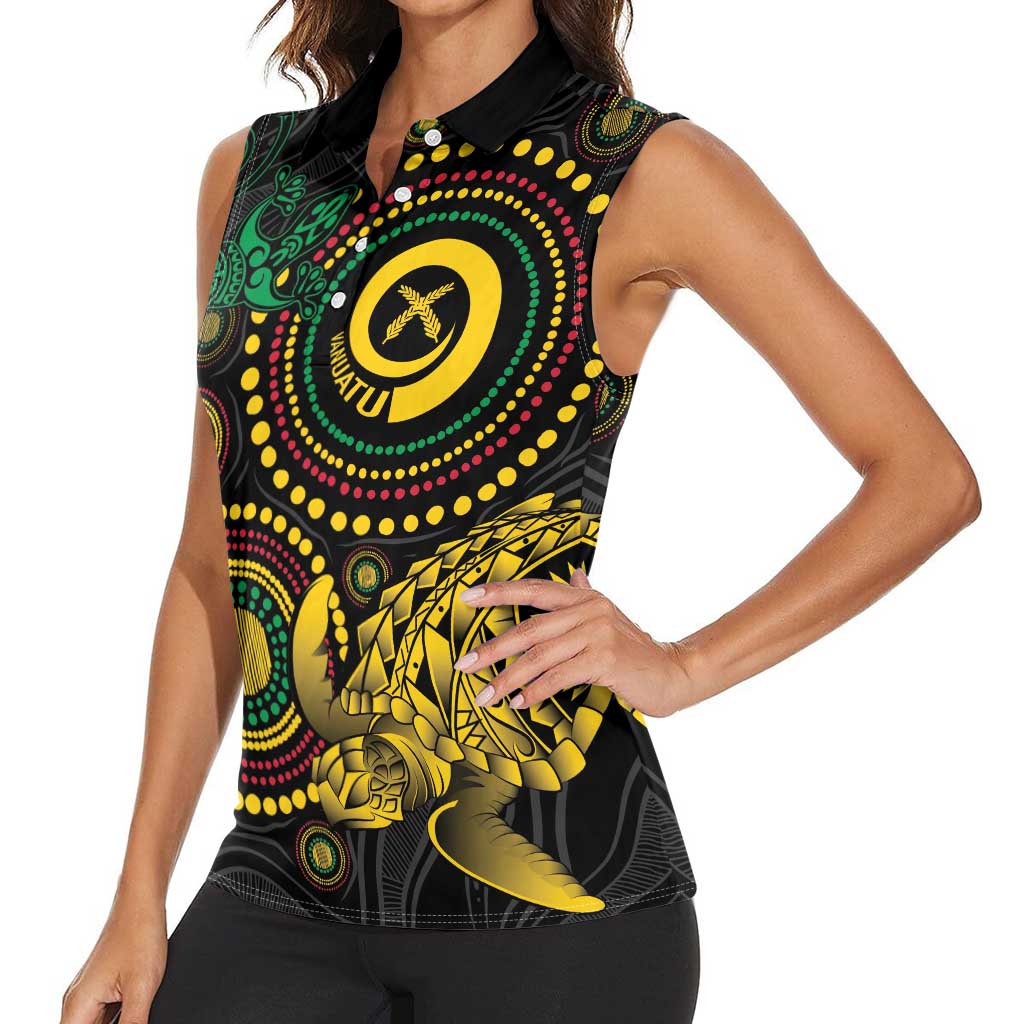 Vanuatu Personalized Aboriginal Arts Women Sleeveless Polo Shirt Turtle and Iguana Special - Polynesian Pride