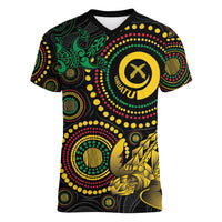 Vanuatu Personalized Aboriginal Arts Women V-Neck T-Shirt Turtle and Iguana Special - Polynesian Pride