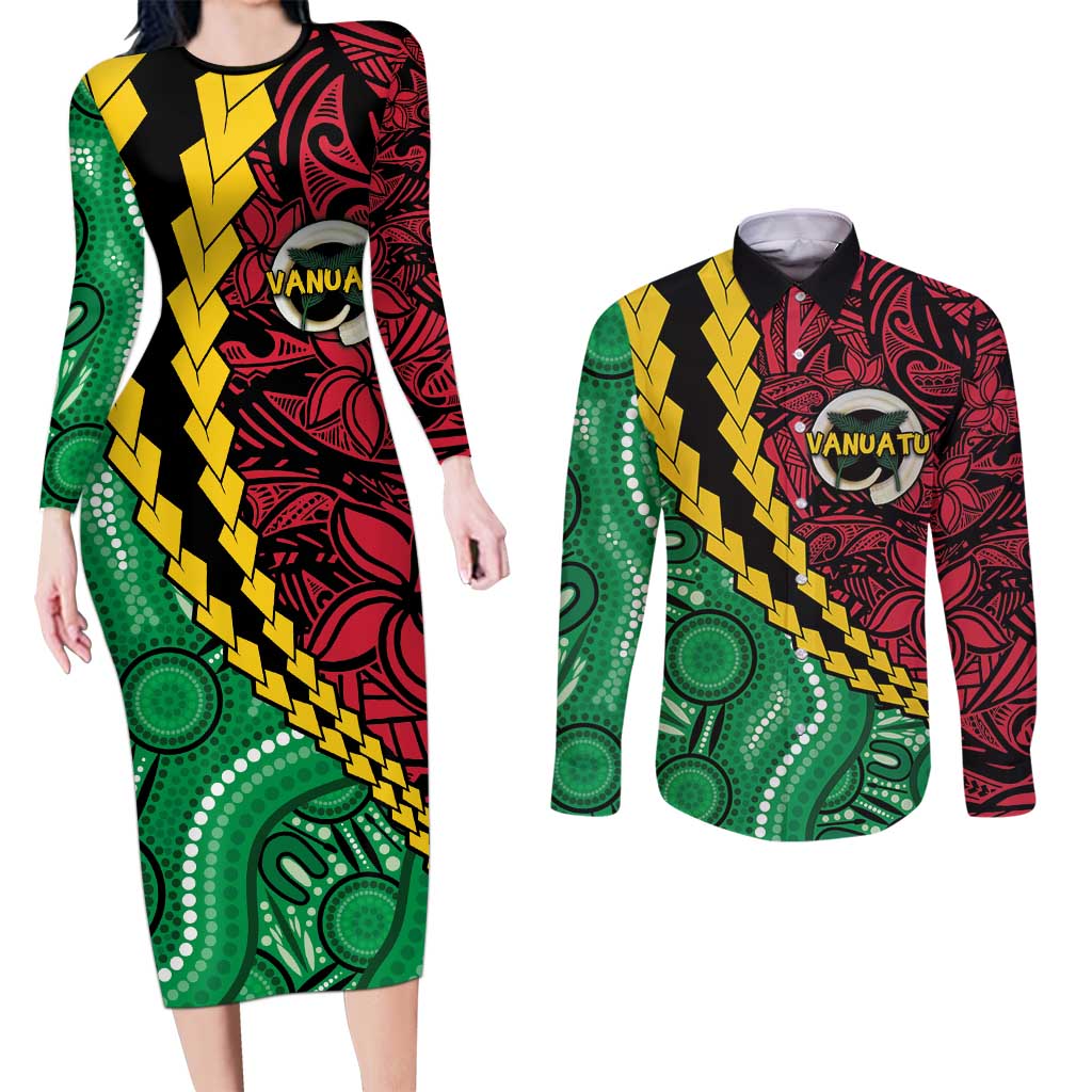 Vanuatu Personalized Tribal Couples Matching Long Sleeve Bodycon Dress and Long Sleeve Button Shirt Aboriginal Inspired Mix Style LT7 Colorful - Polynesian Pride
