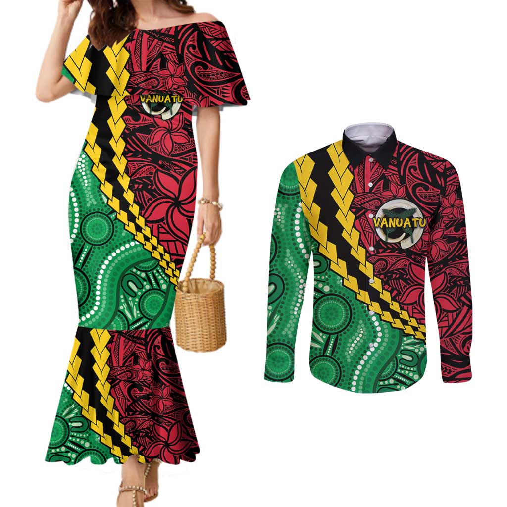 Vanuatu Personalized Tribal Couples Matching Mermaid Dress and Long Sleeve Button Shirt Aboriginal Inspired Mix Style LT7 Colorful - Polynesian Pride