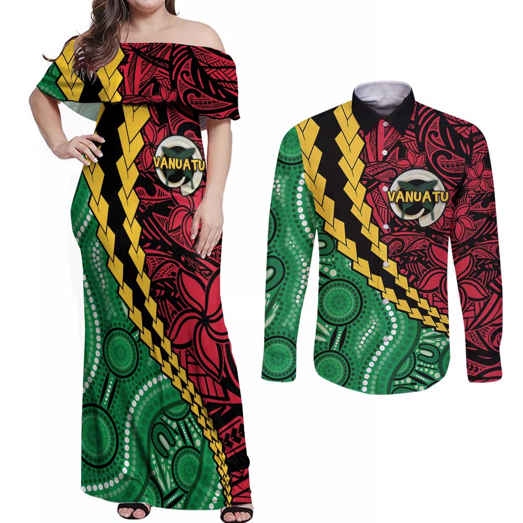 Vanuatu Personalized Tribal Couples Matching Off Shoulder Maxi Dress and Long Sleeve Button Shirt Aboriginal Inspired Mix Style LT7 Colorful - Polynesian Pride