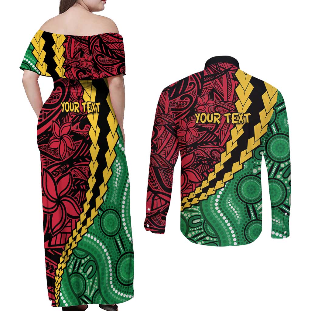 Vanuatu Personalized Tribal Couples Matching Off Shoulder Maxi Dress and Long Sleeve Button Shirt Aboriginal Inspired Mix Style LT7 - Polynesian Pride