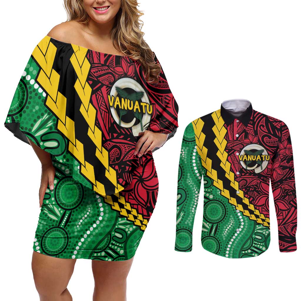 Vanuatu Personalized Tribal Couples Matching Off Shoulder Short Dress and Long Sleeve Button Shirt Aboriginal Inspired Mix Style LT7 Colorful - Polynesian Pride