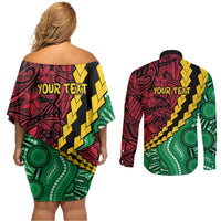 Vanuatu Personalized Tribal Couples Matching Off Shoulder Short Dress and Long Sleeve Button Shirt Aboriginal Inspired Mix Style LT7 - Polynesian Pride