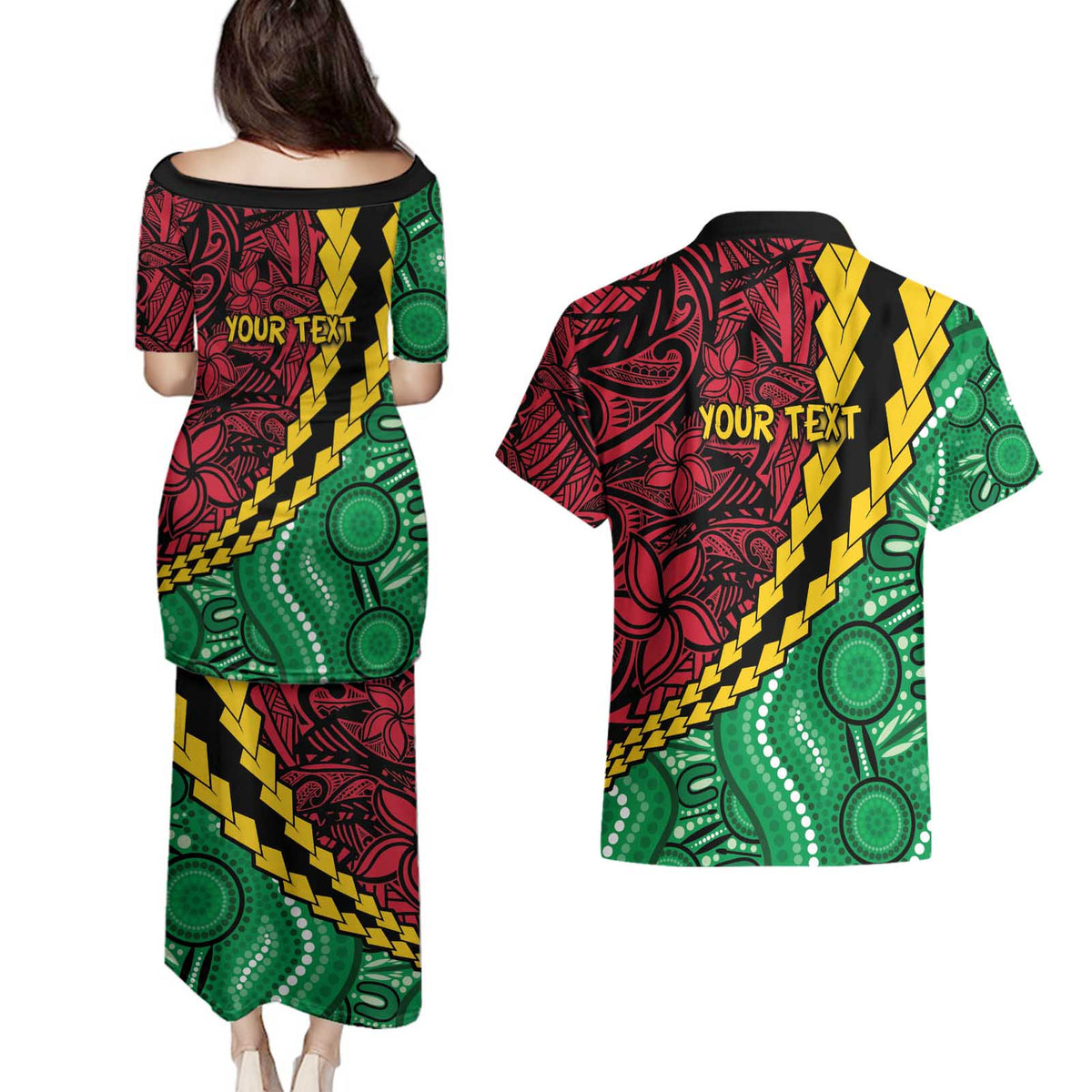 Vanuatu Personalized Tribal Couples Matching Puletasi and Hawaiian Shirt Aboriginal Inspired Mix Style LT7 - Polynesian Pride