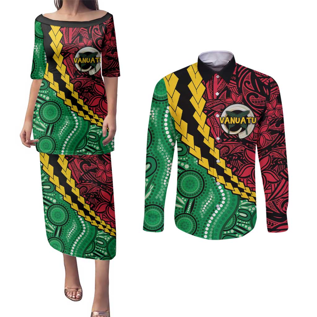 Vanuatu Personalized Tribal Couples Matching Puletasi and Long Sleeve Button Shirt Aboriginal Inspired Mix Style LT7 Colorful - Polynesian Pride