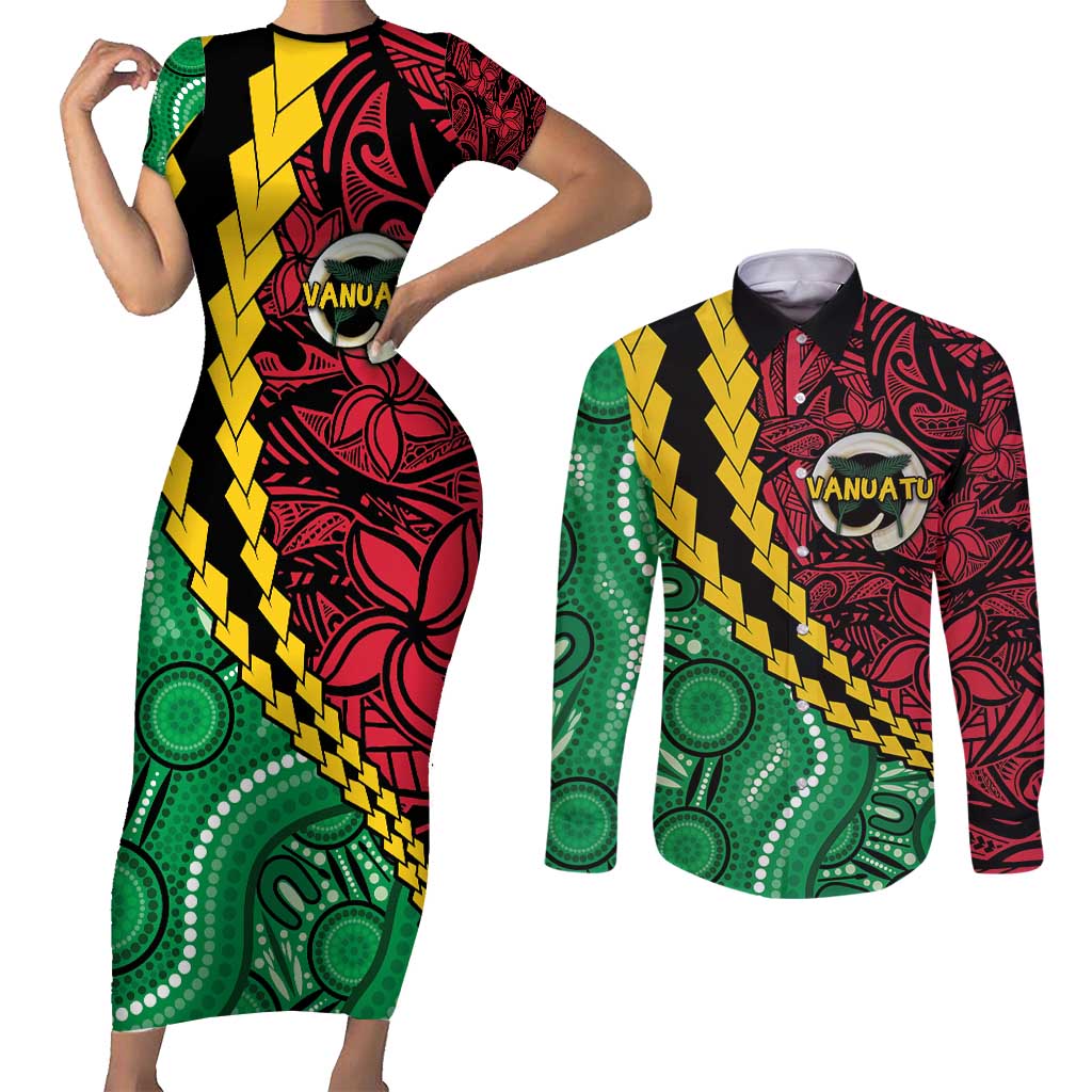 Vanuatu Personalized Tribal Couples Matching Short Sleeve Bodycon Dress and Long Sleeve Button Shirt Aboriginal Inspired Mix Style LT7 Colorful - Polynesian Pride