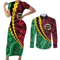 Vanuatu Personalized Tribal Couples Matching Short Sleeve Bodycon Dress and Long Sleeve Button Shirt Aboriginal Inspired Mix Style LT7 Colorful - Polynesian Pride