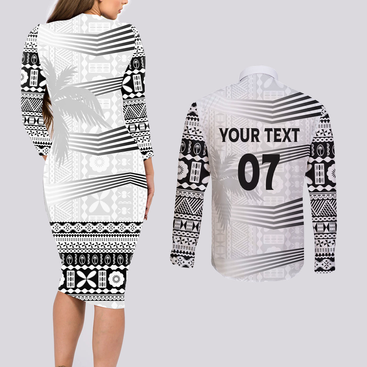 Personalised Fiji Rugby Couples Matching Long Sleeve Bodycon Dress and Long Sleeve Button Shirts Kaiviti WC 2023 Jersey Replica - White LT7 - Polynesian Pride