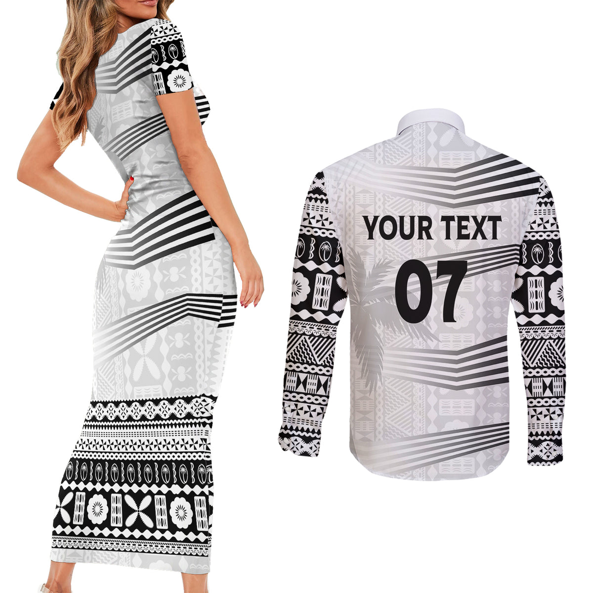Personalised Fiji Rugby Couples Matching Short Sleeve Bodycon Dress and Long Sleeve Button Shirts Kaiviti WC 2023 Jersey Replica - White LT7 - Polynesian Pride