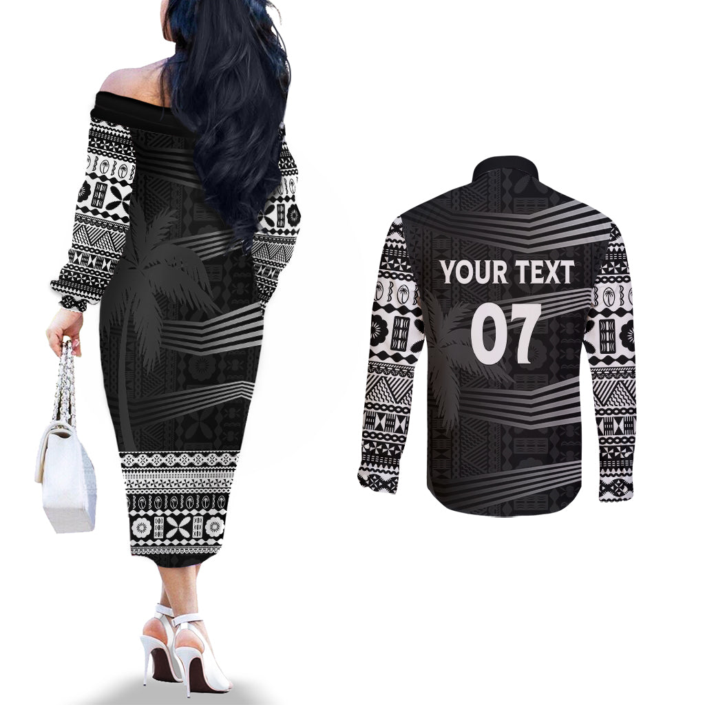 Personalised Fiji Rugby Couples Matching Off The Shoulder Long Sleeve Dress and Long Sleeve Button Shirts Kaiviti WC 2023 Jersey Replica - Black LT7 - Polynesian Pride