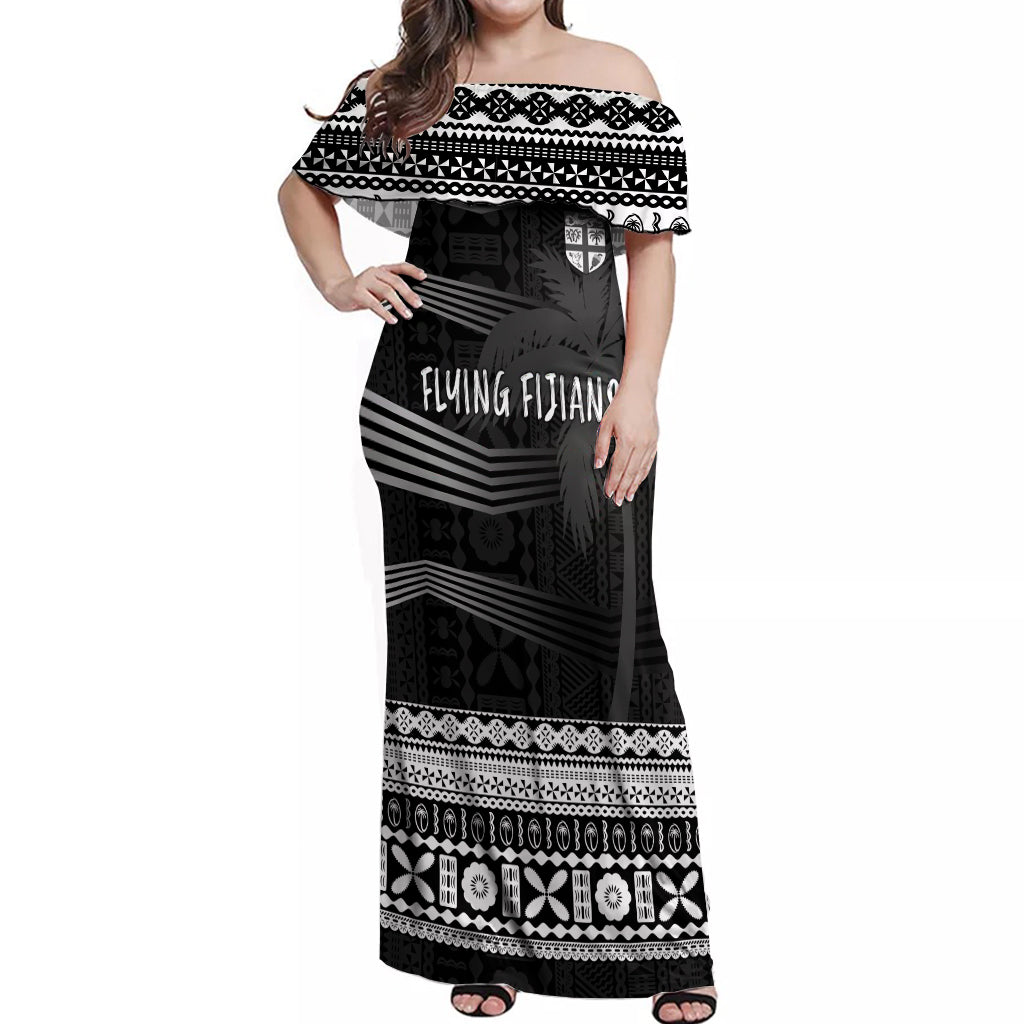 Personalised Fiji Rugby Off Shoulder Maxi Dress Kaiviti WC 2023 Jersey Replica - Black LT7 Women Black - Polynesian Pride