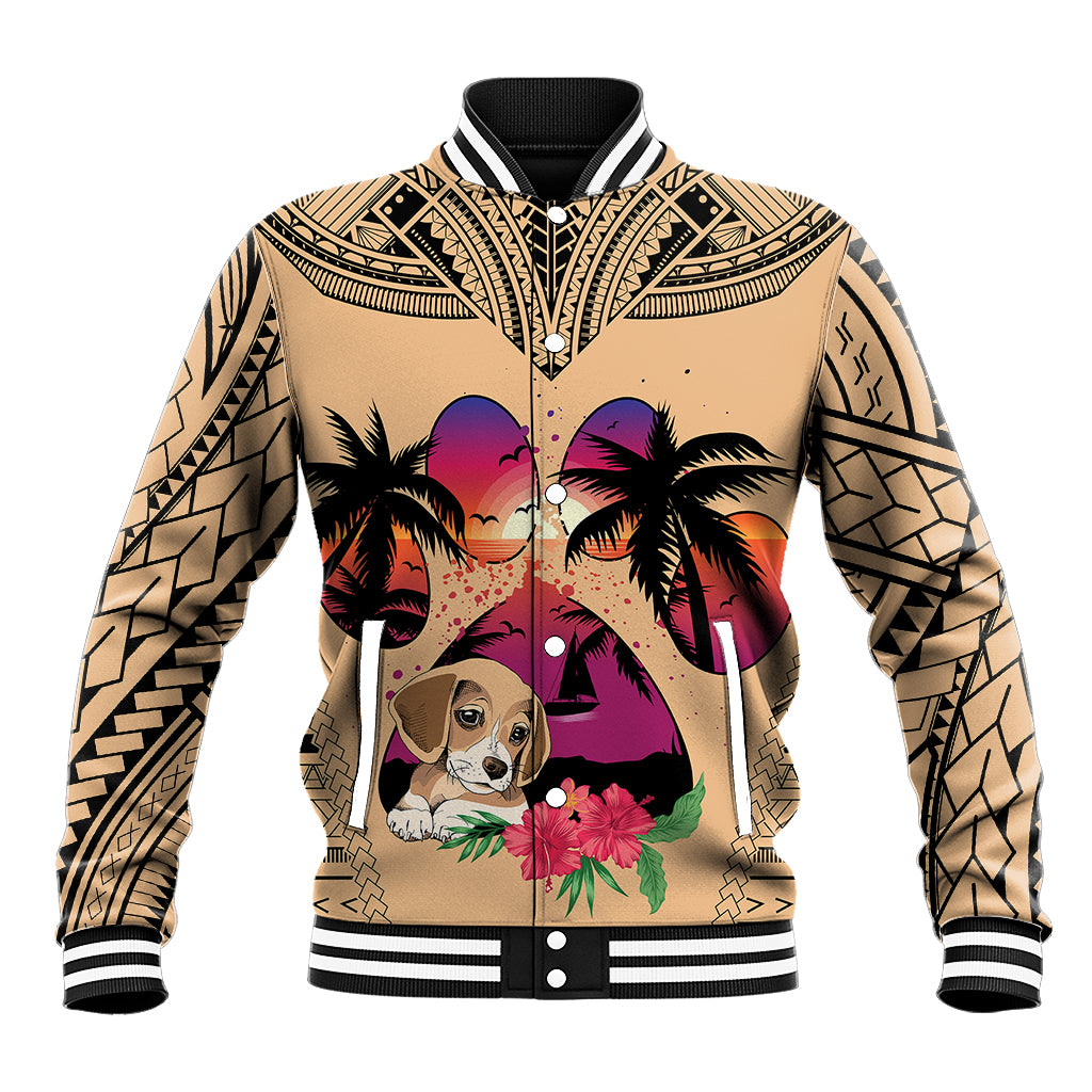 Personalised Polynesian Baseball Jacket Dog Lover With Beagle - Sunset At The Beach LT7 Unisex Coral - Polynesian Pride