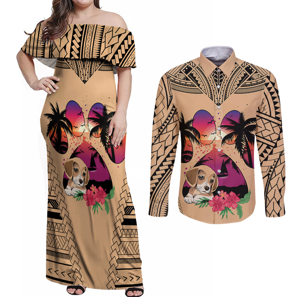 Personalised Polynesian Couples Matching Off Shoulder Maxi Dress and Long Sleeve Button Shirts Dog Lover With Beagle - Sunset At The Beach LT7 Coral - Polynesian Pride