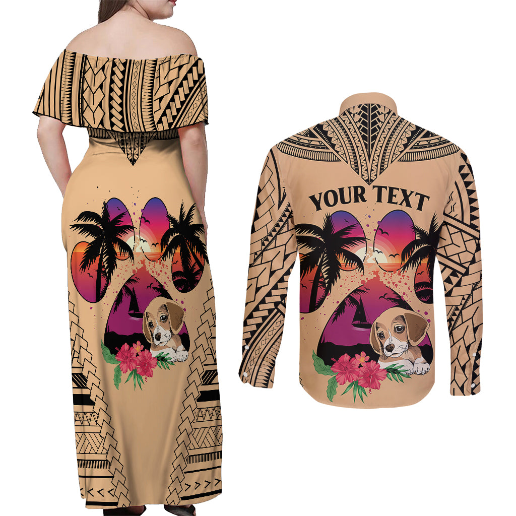Personalised Polynesian Couples Matching Off Shoulder Maxi Dress and Long Sleeve Button Shirts Dog Lover With Beagle - Sunset At The Beach LT7 - Polynesian Pride