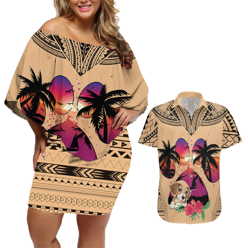 Personalised Polynesian Couples Matching Off Shoulder Short Dress and Hawaiian Shirt Dog Lover With Beagle - Sunset At The Beach LT7 Coral - Polynesian Pride