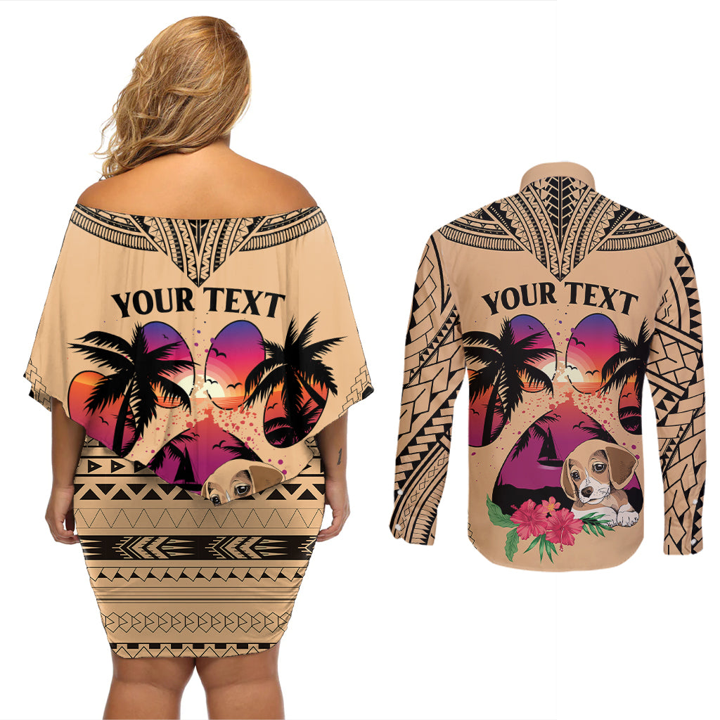 Personalised Polynesian Couples Matching Off Shoulder Short Dress and Long Sleeve Button Shirts Dog Lover With Beagle - Sunset At The Beach LT7 - Polynesian Pride