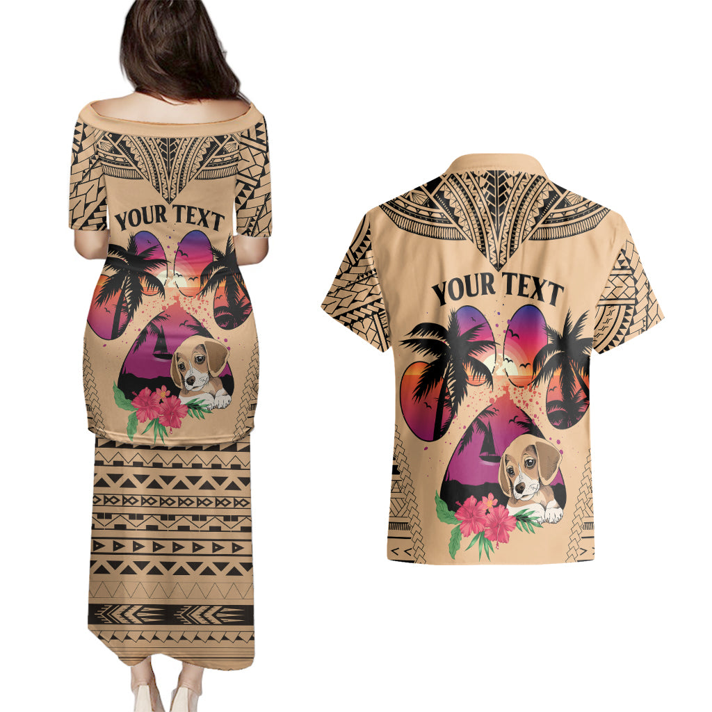 Personalised Polynesian Couples Matching Puletasi Dress and Hawaiian Shirt Dog Lover With Beagle - Sunset At The Beach LT7 - Polynesian Pride