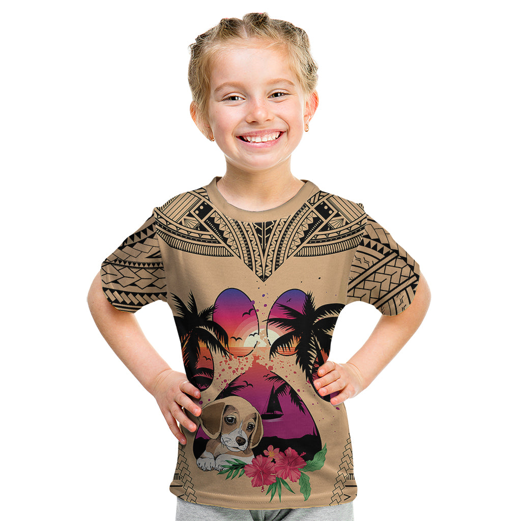 Personalised Polynesian Kid T Shirt Dog Lover With Beagle - Sunset At The Beach LT7 Coral - Polynesian Pride