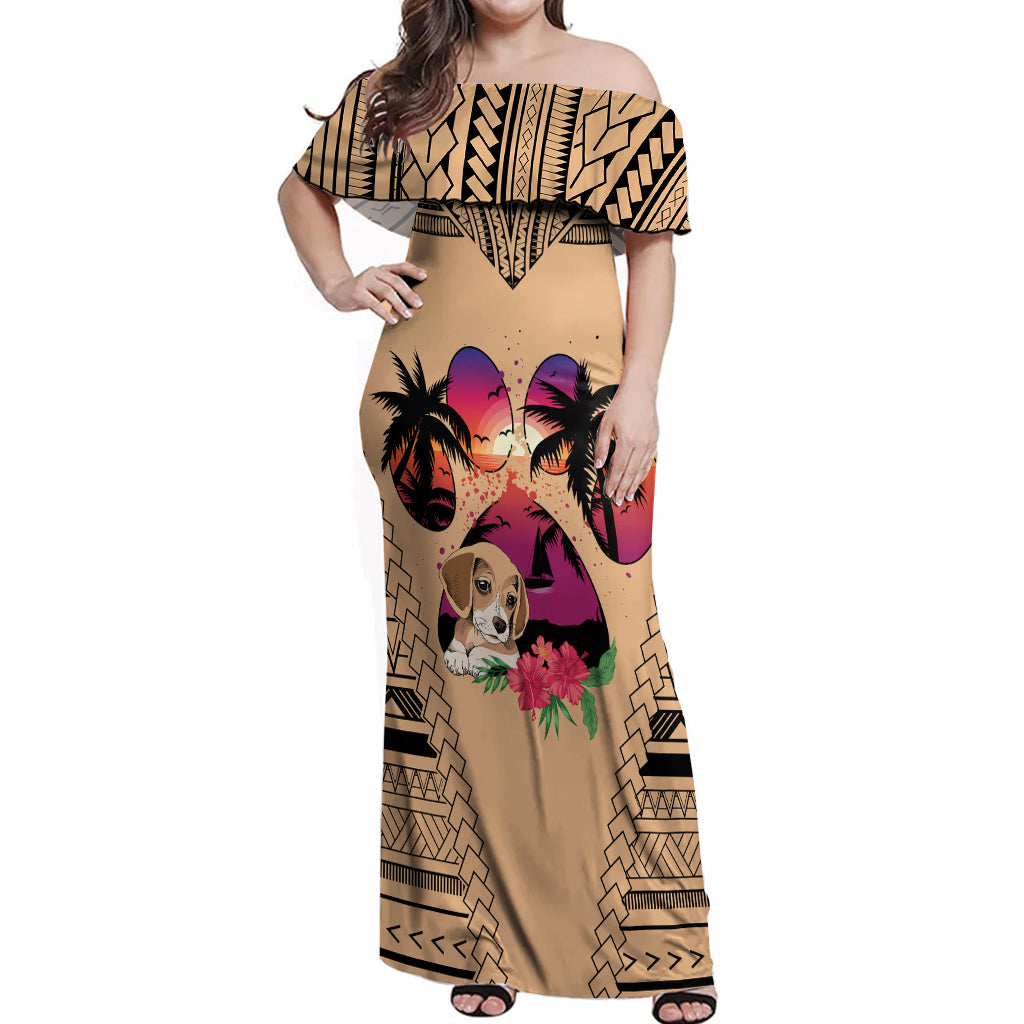 Personalised Polynesian Off Shoulder Maxi Dress Dog Lover With Beagle - Sunset At The Beach LT7 Women Coral - Polynesian Pride