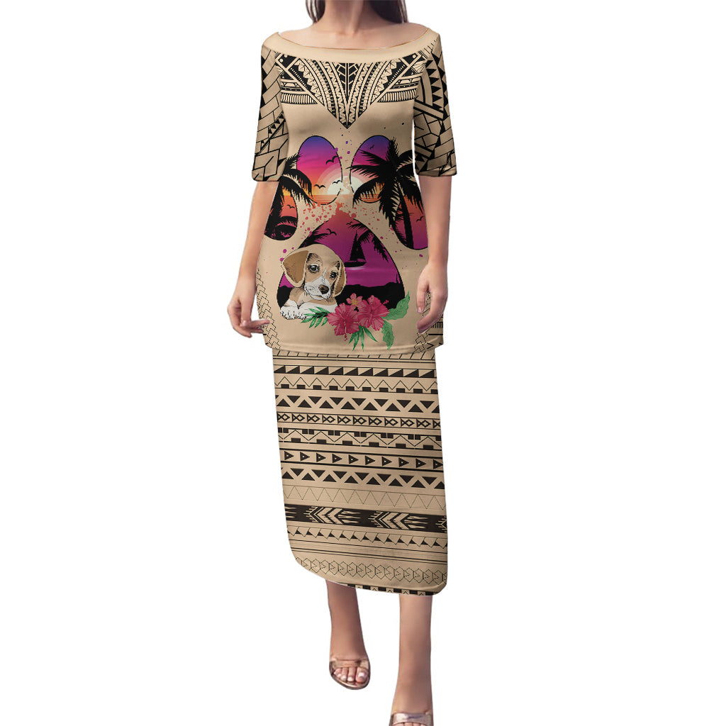 Personalised Polynesian Puletasi Dog Lover With Beagle - Sunset At The Beach LT7 Long Dress Coral - Polynesian Pride