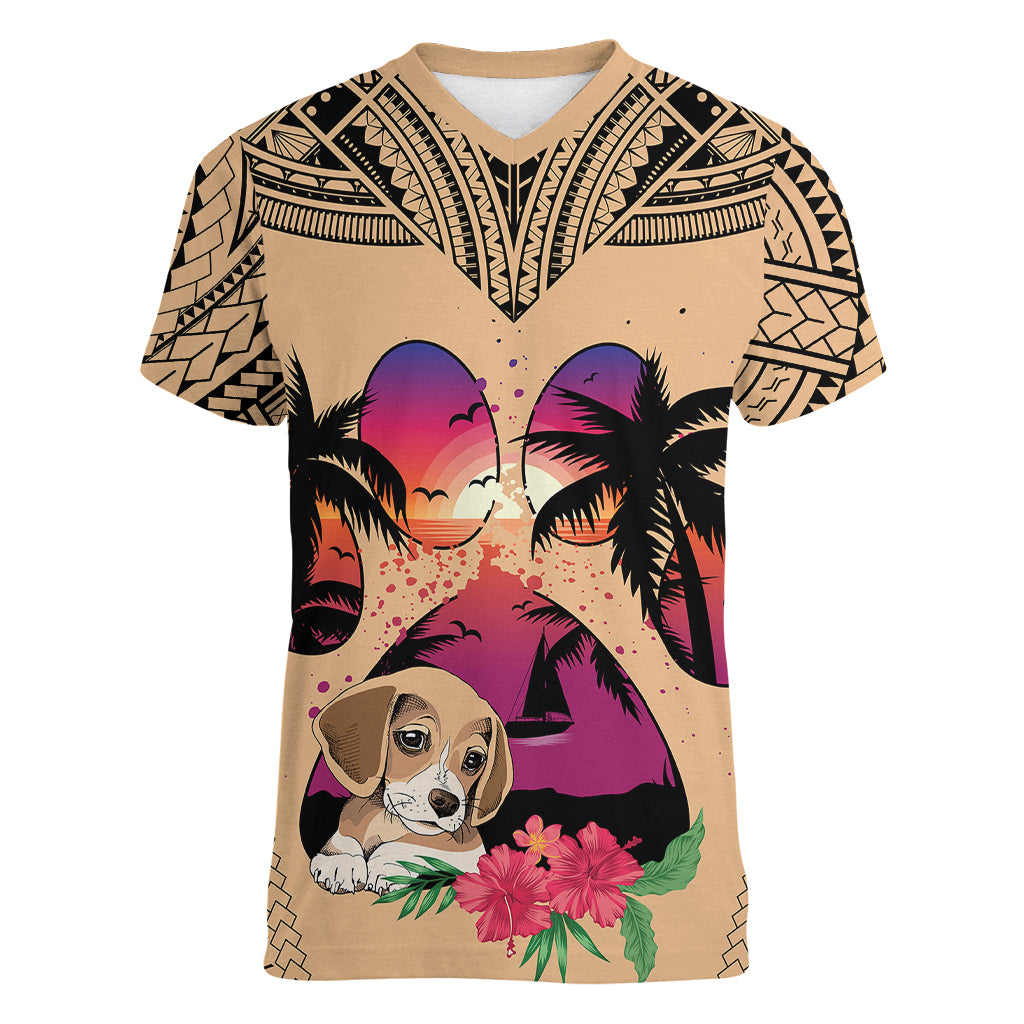 Personalised Polynesian Women V Neck T Shirt Dog Lover With Beagle - Sunset At The Beach LT7 Female Coral - Polynesian Pride