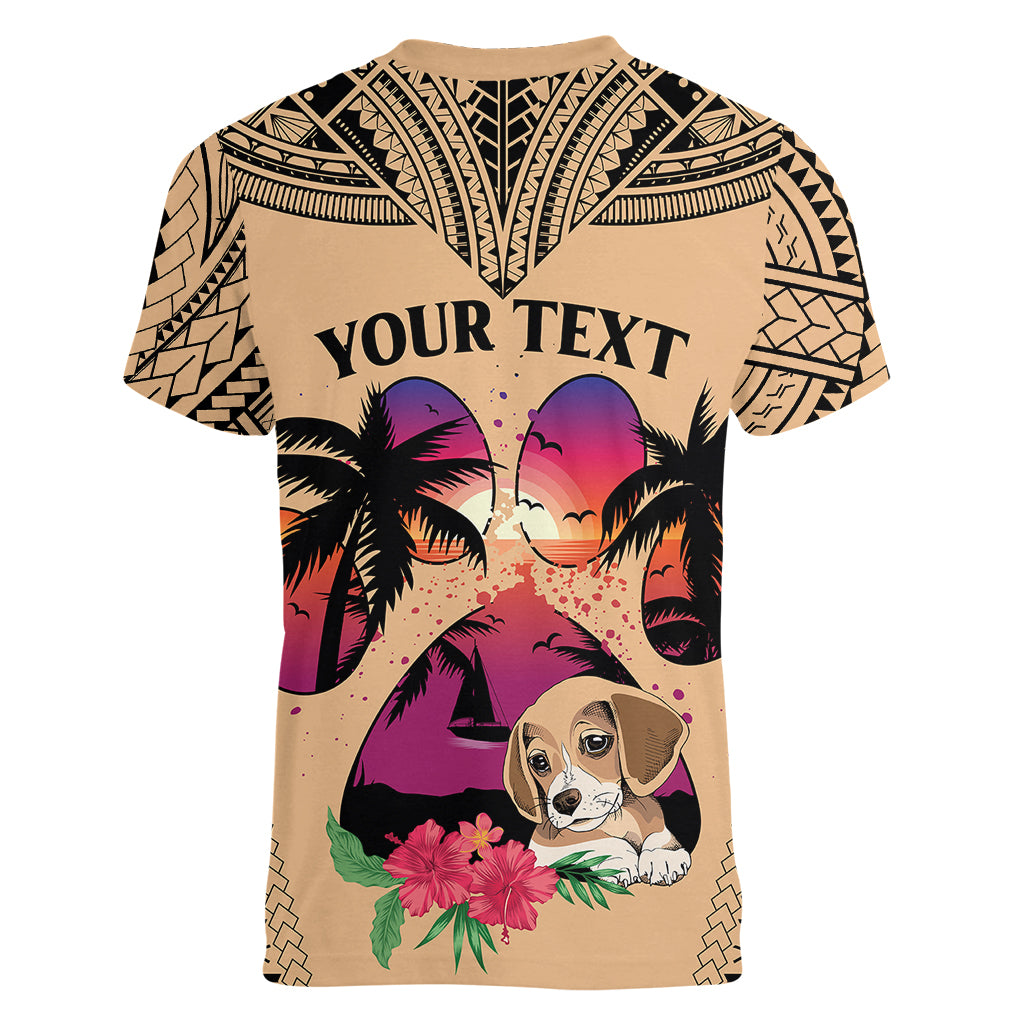 Personalised Polynesian Women V Neck T Shirt Dog Lover With Beagle - Sunset At The Beach LT7 - Polynesian Pride