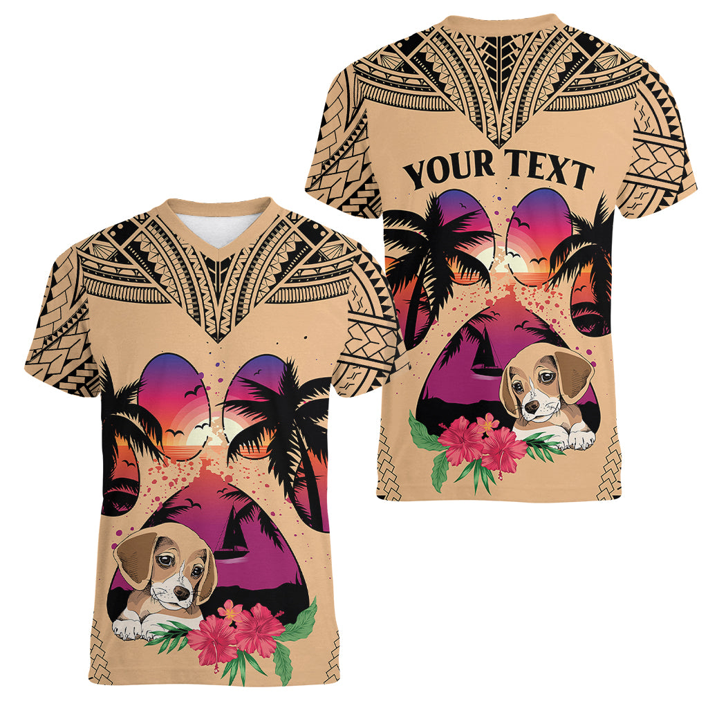 Personalised Polynesian Women V Neck T Shirt Dog Lover With Beagle - Sunset At The Beach LT7 - Polynesian Pride