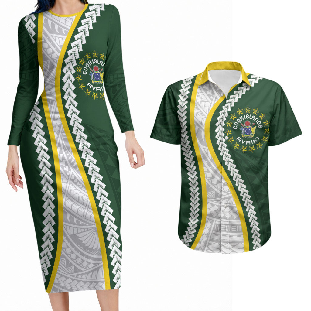 Cook Islands Rugby Personalized Avaiki Couples Matching Long Sleeve Bodycon Dress and Hawaiian Shirt GO Kuki LT7 Green - Polynesian Pride