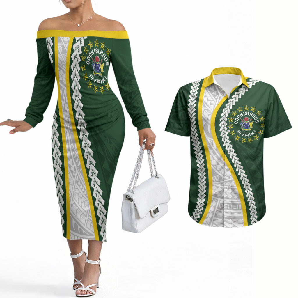 Cook Islands Rugby Personalized Avaiki Couples Matching Off The Shoulder Long Sleeve Dress and Hawaiian Shirt GO Kuki LT7 Green - Polynesian Pride