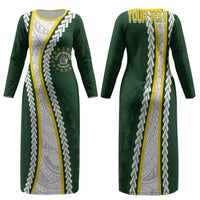 Cook Islands Rugby Personalized Avaiki Family Matching Long Sleeve Bodycon Dress and Hawaiian Shirt GO Kuki LT7 Mom's Dress Green - Polynesian Pride