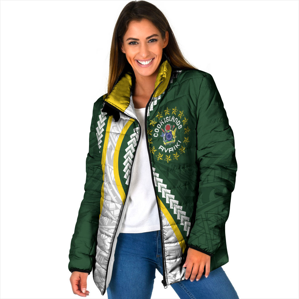 Cook Islands Rugby Personalized Avaiki Padded Jacket GO Kuki LT7 Women Green - Polynesian Pride