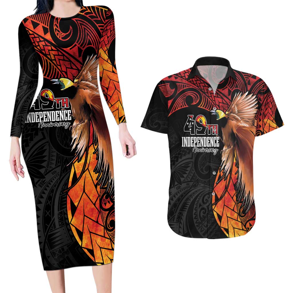 Papua New Guinea Personalised Couples Matching Long Sleeve Bodycon Dress and Hawaiian Shirt Grunge Style 49th Independence Anni LT7 Black Red - Polynesian Pride