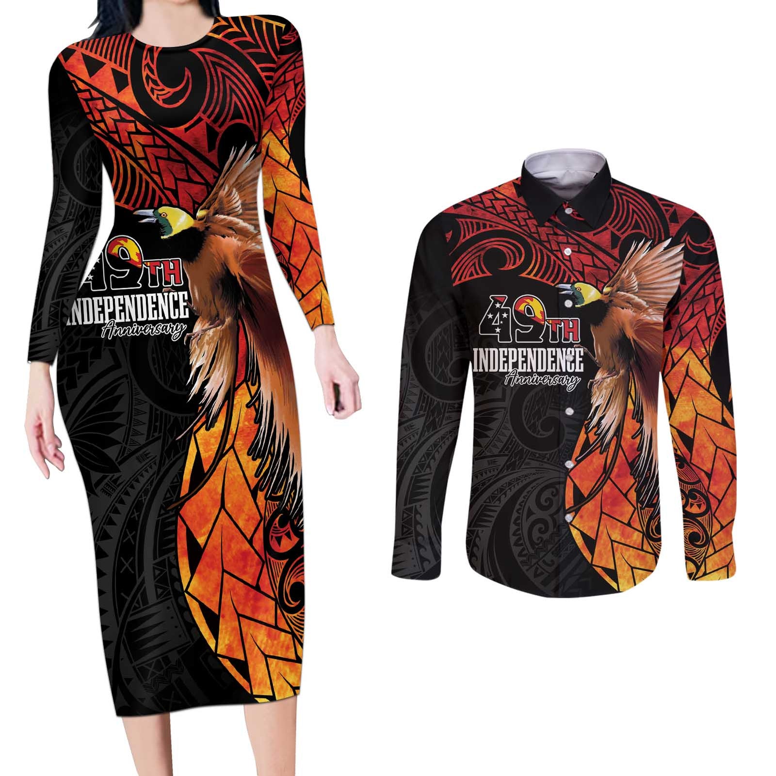 Papua New Guinea Personalised Couples Matching Long Sleeve Bodycon Dress and Long Sleeve Button Shirt Grunge Style 49th Independence Anni LT7 Black Red - Polynesian Pride