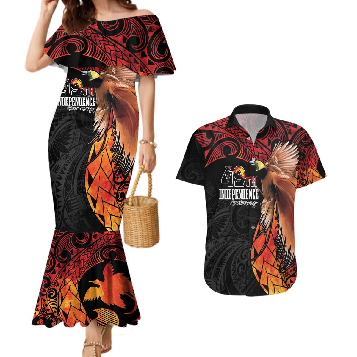 Papua New Guinea Personalised Couples Matching Mermaid Dress and Hawaiian Shirt Grunge Style 49th Independence Anni