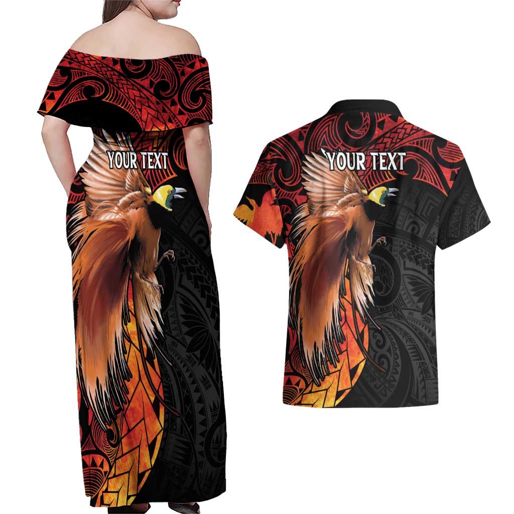 Papua New Guinea Personalised Couples Matching Off Shoulder Maxi Dress and Hawaiian Shirt Grunge Style 49th Independence Anni