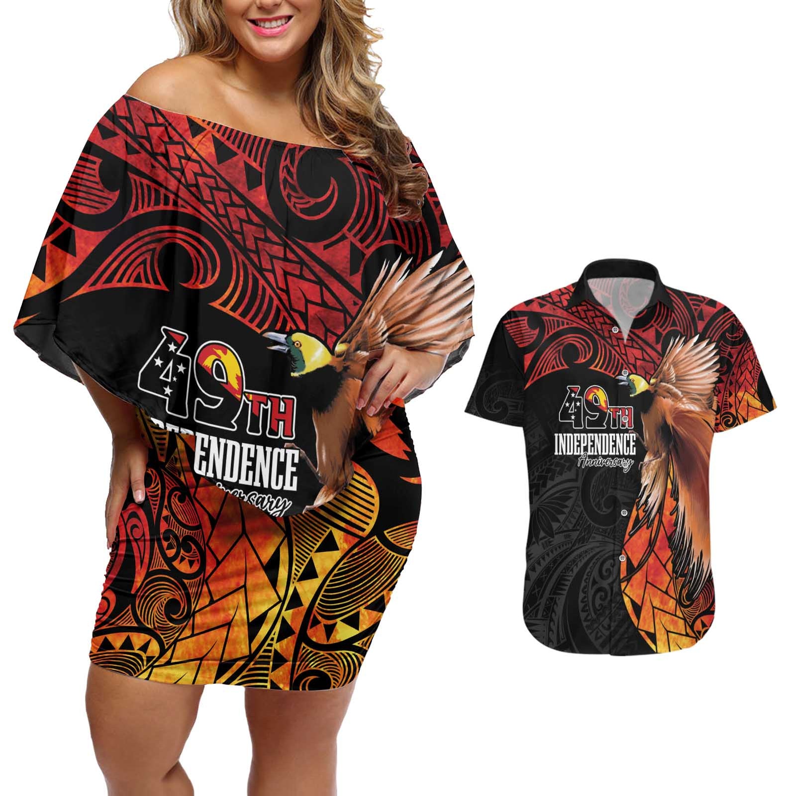 Papua New Guinea Personalised Couples Matching Off Shoulder Short Dress and Hawaiian Shirt Grunge Style 49th Independence Anni LT7 Black Red - Polynesian Pride
