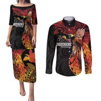 Papua New Guinea Personalised Couples Matching Puletasi and Long Sleeve Button Shirt Grunge Style 49th Independence Anni LT7 Black Red - Polynesian Pride