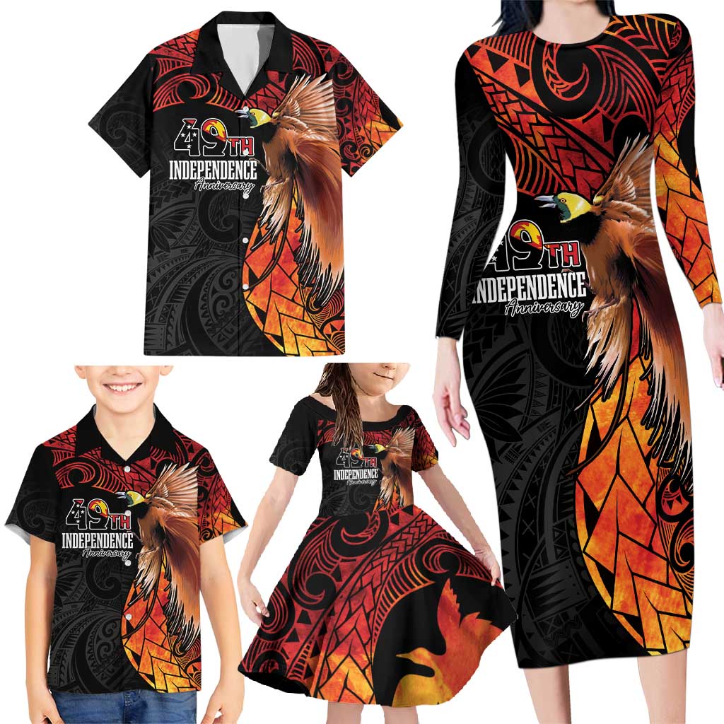 Papua New Guinea Personalised Family Matching Long Sleeve Bodycon Dress and Hawaiian Shirt Grunge Style 49th Independence Anni