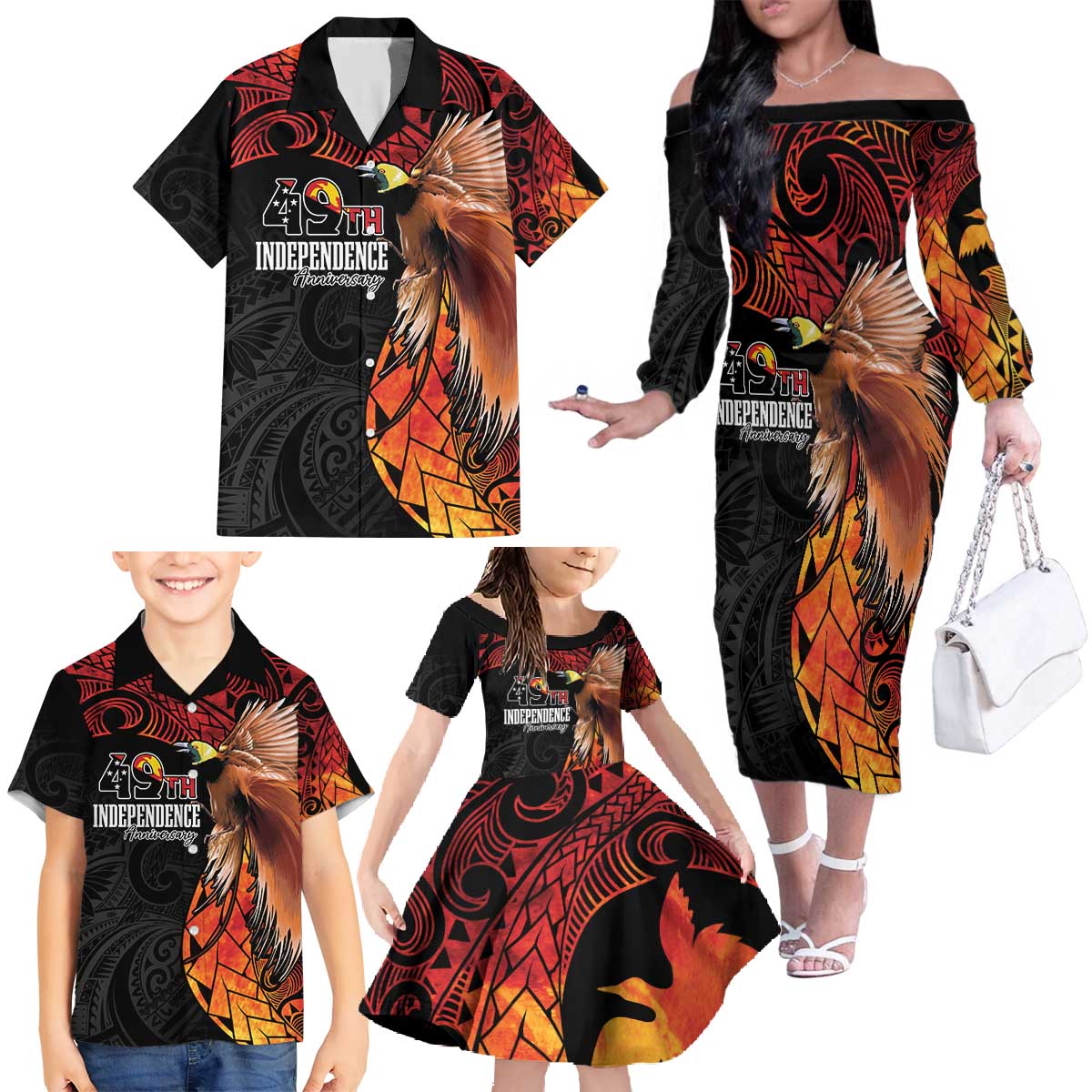 Papua New Guinea Personalised Family Matching Off The Shoulder Long Sleeve Dress and Hawaiian Shirt Grunge Style 49th Independence Anni