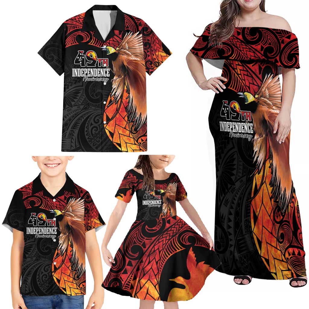 Papua New Guinea Personalised Family Matching Off Shoulder Maxi Dress and Hawaiian Shirt Grunge Style 49th Independence Anni